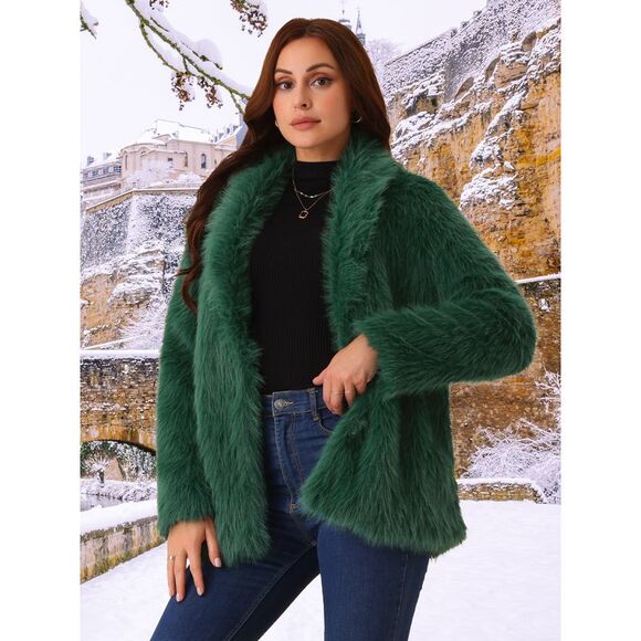 Pockets Lapel Shaggy Warm Winter Overcoat Fluffy Jackets Dark Green - Picture 3 of 5